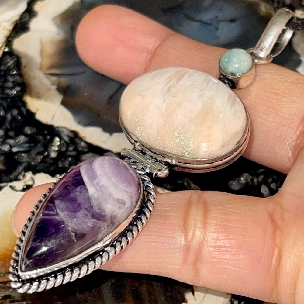 Larimar, Scolecite & Amethyst Pendant 3 1/4”